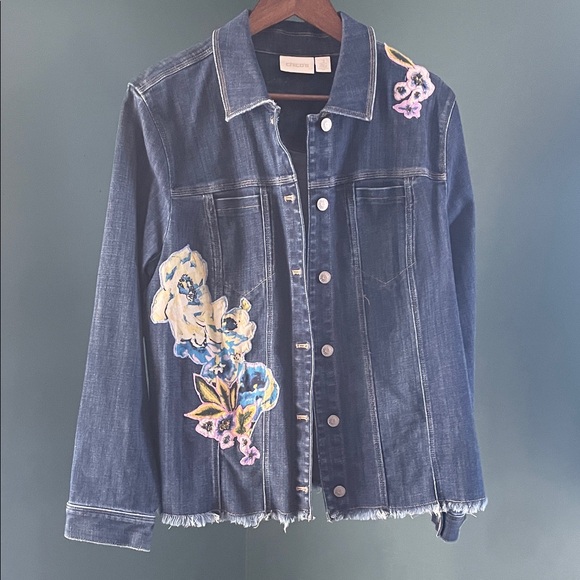 Chico's Jackets & Blazers - Chico's Dark Blue Denim Jacket with embroidered and inlay floral details